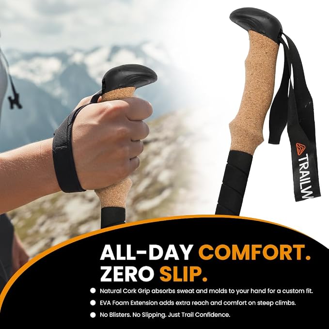 3K Carbon Fiber Trekking Poles, Collapsible Set of 2 Lightweight Adjustable Hiking Poles 24.5"-54" with Cork Grip, Tungsten Carbide Tips, Black, Includes Carry Bag, Snow & Mud Baskets