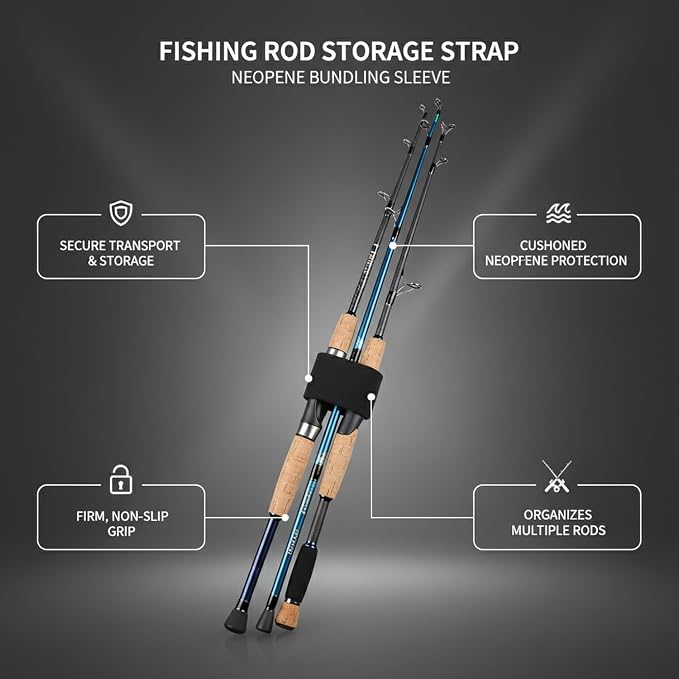 Neoprene Fishing Rod Strap - Secure Bundling Sleeve for Transport & Storage, Black (1 Pack)