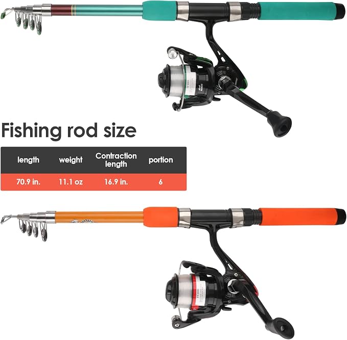 Telescopic Fishing Pole Set with Spinning Reel Lure Hook Storage Bag | Compact Collapsible Rod Reel Combo Travel Fishing Gear Starter Kit for Kids Youth Adults