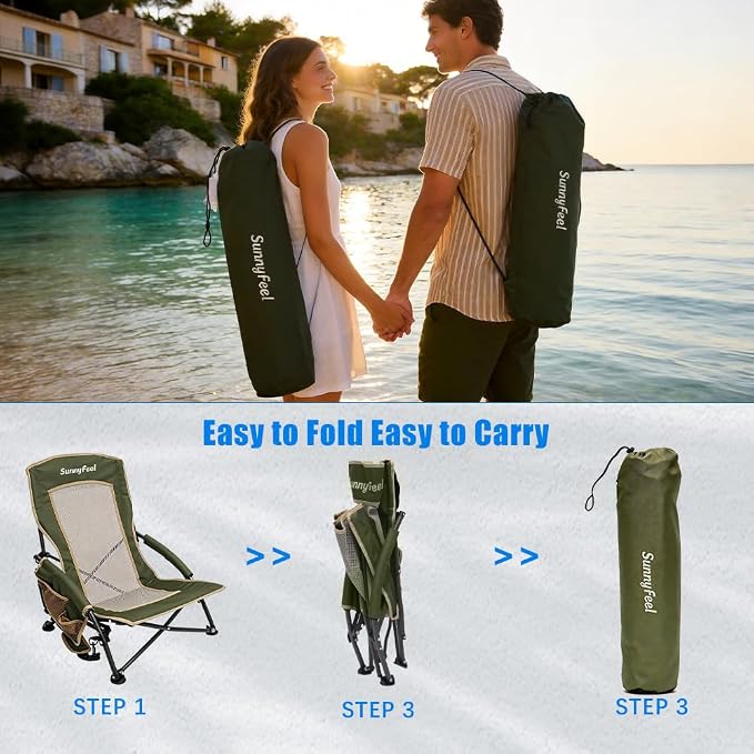 SunnyFeel Low Folding Beach Camping Chair 2 Pack, Portable Backpacking Chairs with Mesh Back,Cup Holder, Compact & Heavy Duty for Adults 300 LBS for Outdoor Picnic Fishing Concert Sand Lawn (2pcGreen)