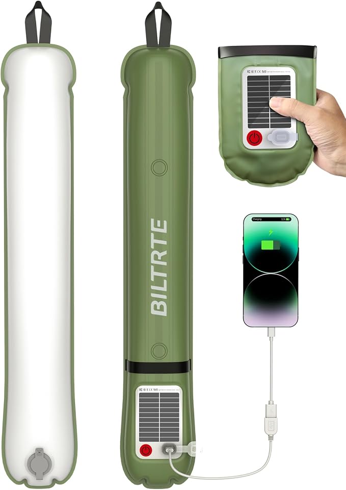 24" Inflatable Solar Camping Lantern,Magnetic LED Tube Light with USB-C 2000mAh Phone Charger,IP66 Waterproof TPU Tent Light for Hurricane Emergency,Backpacking & Off-Grid Survival (Green)