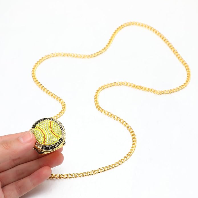 Highergo 20 Pcs Baseball Softball Basketball Football Champion Rings with Display Neck Chain and Stand Volleyball Soccer Cheer Trophy Rings Bulk for Tournament Award Gift