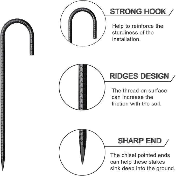 Rebar Stakes 12 Inch 32 Pack Tent Spikes Heavy Duty Metal J Hook, Fence Stakes for Trampoline, Fence, Camping Tent (32, J-12 x5/16 Black)