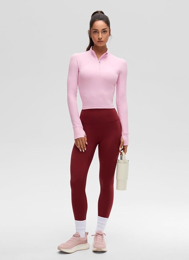 CRZ YOGA Butterluxe Half Zip Long Sleeve Shirts for Women - Workout Athletic Yoga Tops Crop Collared Quarter Zipper T-Shirt