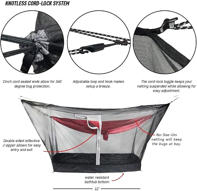 GRAND TRUNK Mozzy 360 Bug Net | 360° Hammock Mosquito Net with Bathtub Bottom, Spreader Bars & Stakes | Fits Most 11' Hammocks | Black