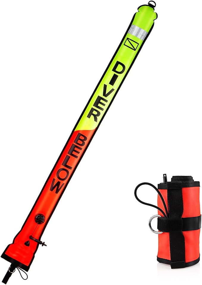 Surface Marker Buoy, 5ft Scuba SMB High Visibility Open Bottom Dive Buoy with Oral Inflator, OPV and Reflective Strip, Inflatable Signal Tube Safety Sausage (Orange+Fluorescent Yellow)