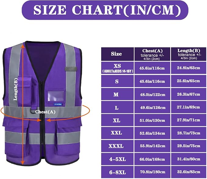 A-SAFETY Purple High Visibility Safety Vest with 4 Reflective Strips 7 Pockets,Small