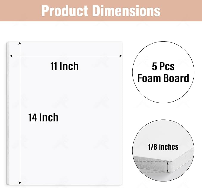 Golden State Art, Acid Free 5 Pack 11x14 White Foam Boards Foam Core Poster Board, 1/8'' Thick Polystyrene Foam Sheet for Projects, Mounting, Crafts, Art and Presentations