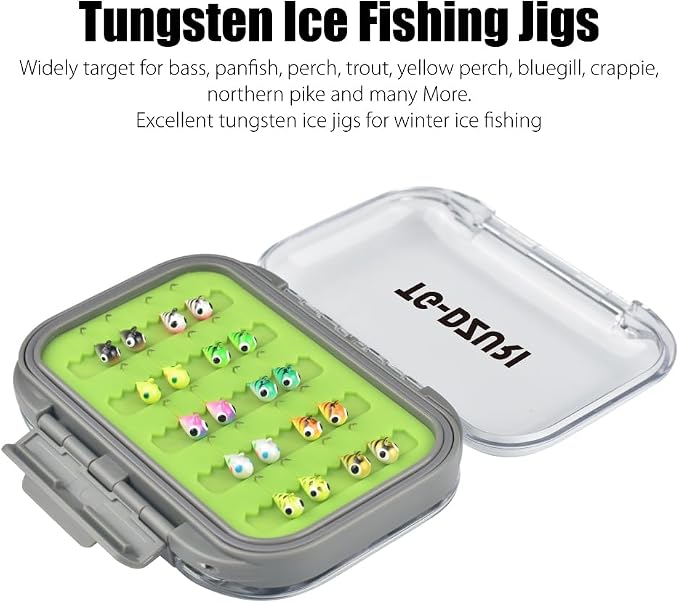 Tungsten Ice Fishing Jigs Kit, 3.2/4/5mm Glow in Dark Tear Drop Ice Fishing Lure Jigs with Waterproof Two-Sided Jig Box Assortment 20/24/30