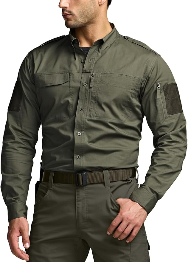 CQR Men's Long Sleeve Tactical Shirts, Ripstop Military Work Shirts, UPF 50+ Breathable Button Down Outdoor Hiking Shirt