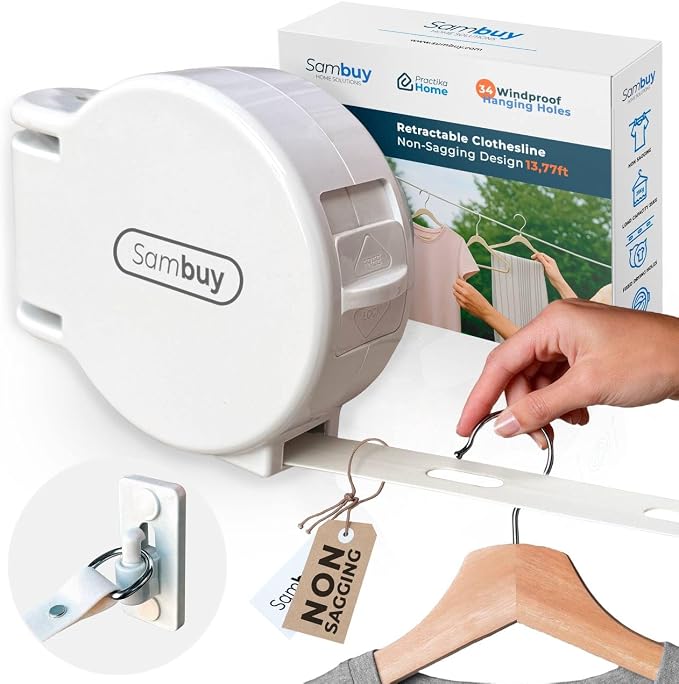 Retractable Clothesline Indoor Outdoor, 13.8 Ft Heavy Duty Drying Line with 34 Windproof Hanger Holes, Holds 56 lbs, Rustproof, Drill or No-Drill Wall Mount for Laundry & Bathroom