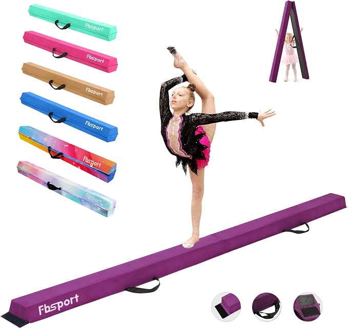 FBSPORT 8ft/9ft/9.5ft Balance Beam Folding Gymnastics Beam Foam Balance Floor Beam Equipment for Kids Adults, Suede Cover Anti Slip Base with Carry Bag for Home School Gym Training
