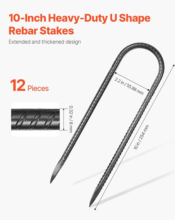 VEVOR Rebar Stakes, 10-Inch, Heavy-Duty 0.32 in Diameter U Shape, Galvanized Steel Ground Anchors with Chisel Point End & Rust-Resistant Coating, for Gardening Support, Fence, Camping Tents (12-Pack)