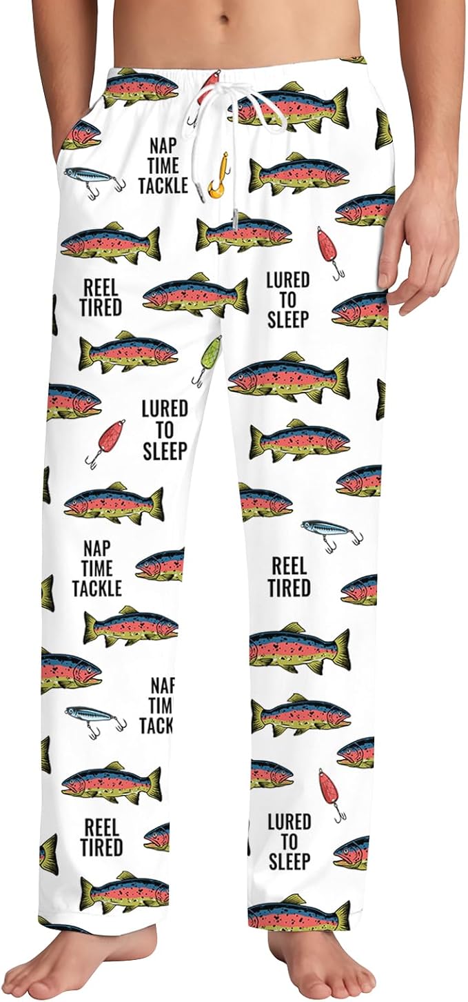 KOYI Fish Pajama Pants, Funny Fishing Print Lounge Pants, Cozy Unisex Sleepwear for Men Women, Novelty Pajama Bottoms