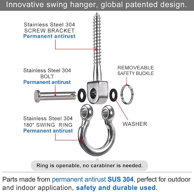 SELEWARE Heavy Duty 180° Swing Hangers, Stainless Steel Eye Screw Bracket, 1800 LB Capacity Playground Yoga Hammock Rope Tire Web Chair Sandbag Punching Bag Porch Swing Sets (4 Pack)
