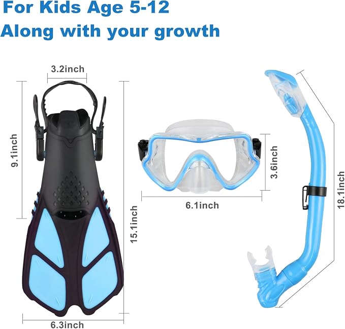 Kids Snorkeling Set - Adjustable Flippers + Panoramic Snorkel Mask + Dry Snorkel Tube + Travel Bags - Suitable for Kids & Juniors, Age 5-14