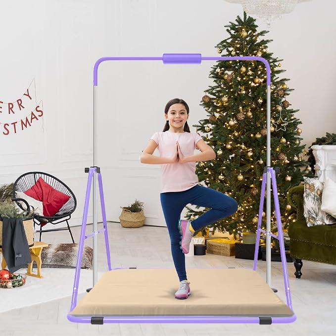 Gymnastics Bar with Self-Inflating Mat for Kids, Adjustable Height Gymnastic Horizontal Bars with Mat, Folding Gymnastic Training Monkey Bars, Junior Expandable Training Kip Bar for Home