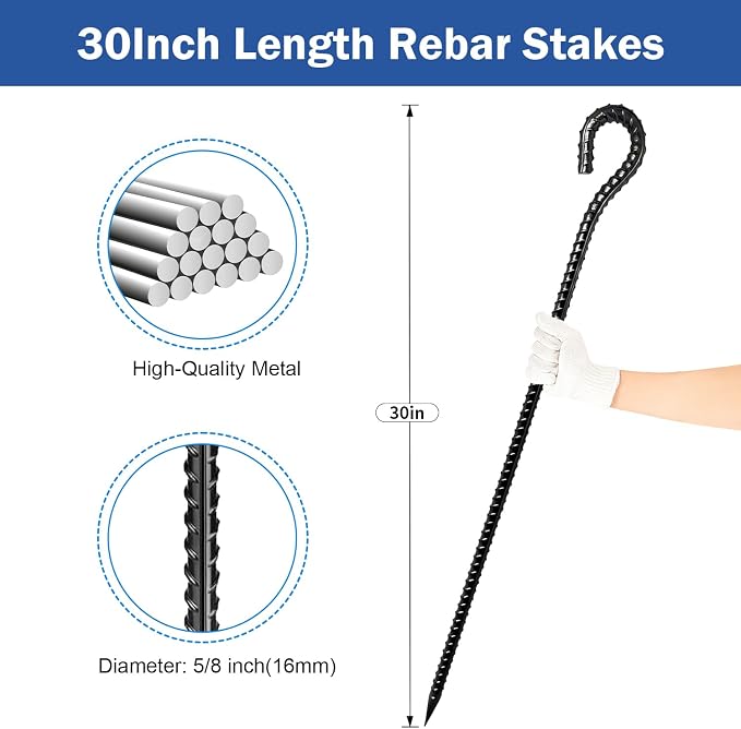 4 Pack Rebar Stakes - 5/8 Diameter Heavy Duty Metal Stakes with Chisel Point Ends, Ground Stakes for Yard and Camping, Tree Stakes Supports