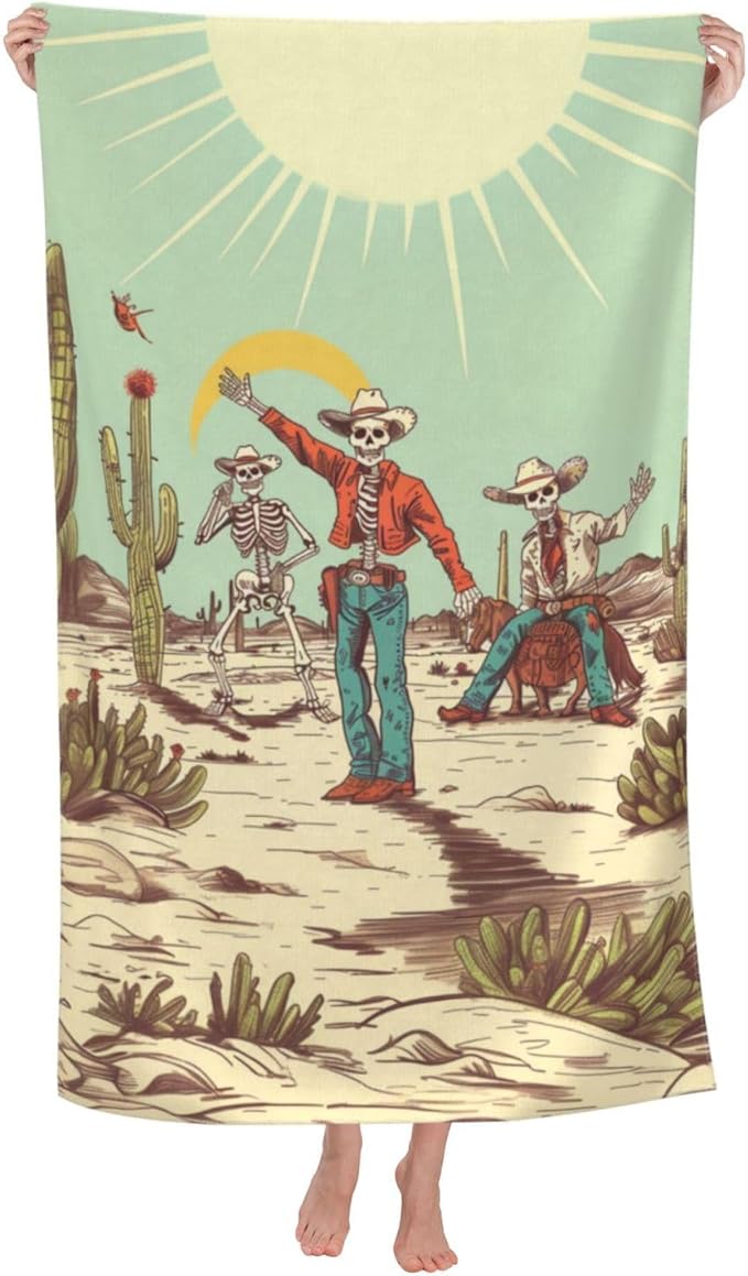 Retro Western Skeleton Beach Towel, 32x52in Microfiber Quick Dry Fun Cowboy Desert Cacti Vintage Bath Towels, Soft Lightweight Oversized Sand Free, for Travel Pool Swimming Gym Decor, Gifts