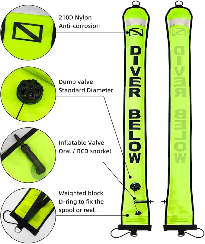 5ft Yellow Scuba Diving Open Bottom Surface Marker Buoy (SMB) with 98ft Finger Spool Alloy Dive Reel and Double Ended Bolt Clip Blue