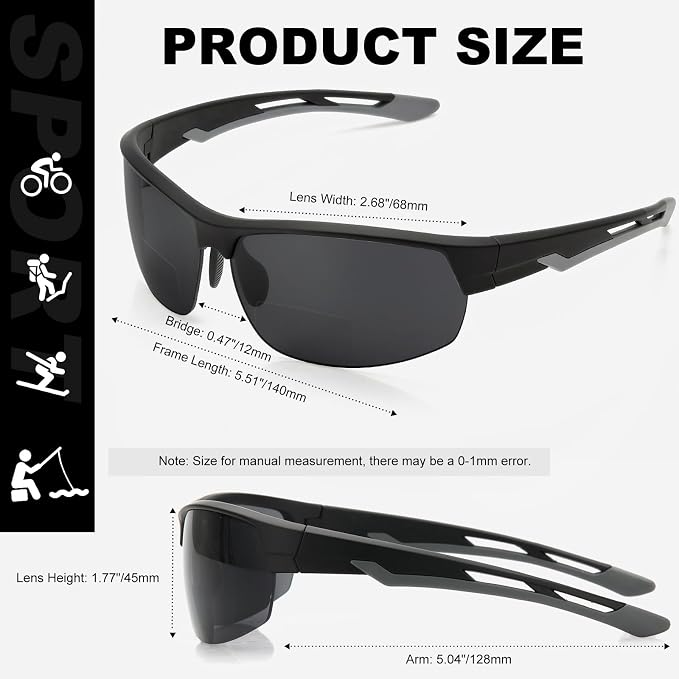 Missfive 2 Pack Mens Preferred Bifocal Sunglasses with Readers Built in, Sporty Semi-Rimless Wrap Dark Reading Glasses UV400 Protection, Adjustable Nose Pad Sun Reader for Outdoor/Driving +3.0