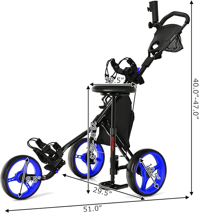 GYMAX Foldable 3-Wheel Height Adjustable Lightweight Golf Caddy Cart with Umbrella Holder, Hydraulic Seat, Storage Bag & Cup Holder