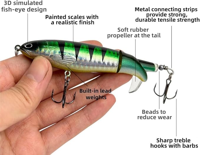 Topwater Fishing Lures Set with Storage Box,Mixed Artificial Lures Kit- Whopper Popper for Bass, Catfish, Pike & Perch, Floating Pencil Bait with Rotating Tail for Freshwater & Saltwater