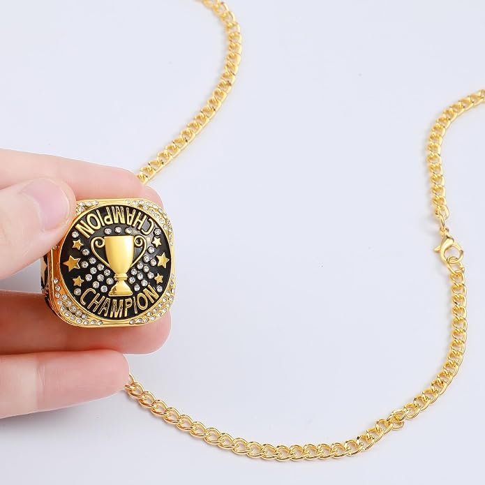 Highergo 20 Pcs Baseball Softball Basketball Football Champion Rings with Display Neck Chain and Stand Volleyball Soccer Cheer Trophy Rings Bulk for Tournament Award Gift