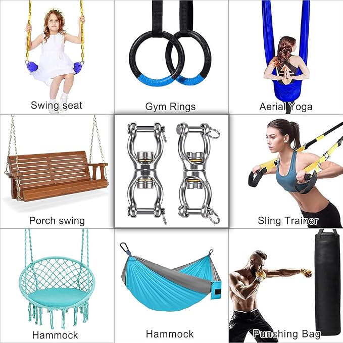 Dolibest SUS304 Silent Bearing Swing Swivel, Tire Swing Swivel with 2 Removeable Buckle for Web Tree Swing, Aerial Dance, Swing Yoga Swing Sets, 770LB Capacity-2 Pack, Large