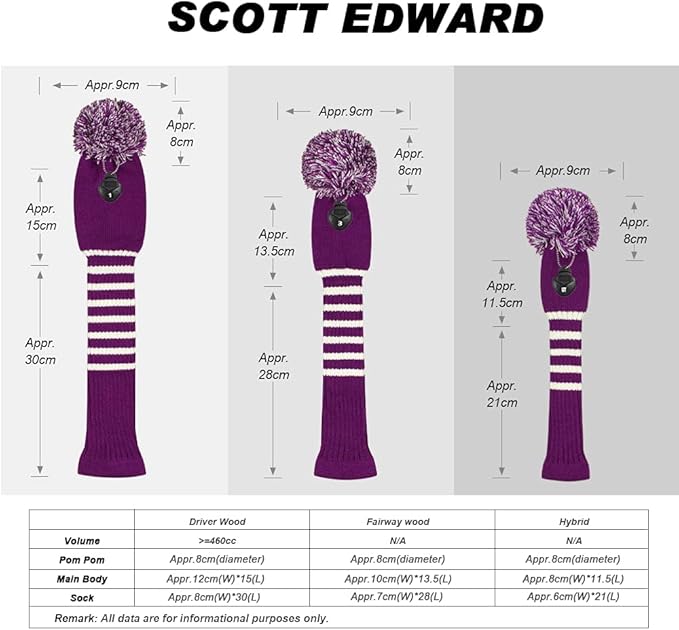 Scott Edward Golf Headcover Set of 5 PCS, Driver Wood Cover *1, Fairway Wood Cover *2, Hybrid Cover * 2, with Rotating Number Tags