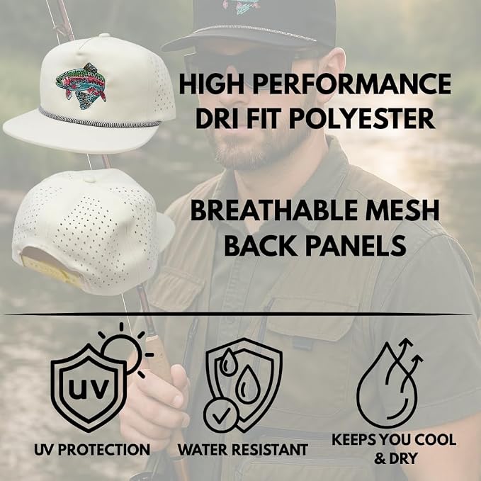 Trout Hat for Men - Dri-Fit Snapback Fishing Cap with Embroidered Rainbow Trout - Performance Laser Back Hat