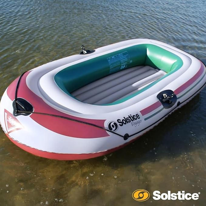 SOLSTICE Inflatable Boat for Lakes, Rivers & Beaches – Heavy-Duty Raft with Swivel Oar Locks, Grab Line & Inflatable Seat – Voyager, Full Kit Includes Oars & Pump, 3-Person, White, 7'