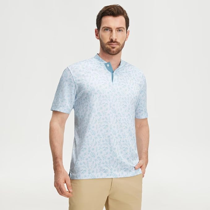 M MAELREG Golf Shirts for Men Collarless Performance Dry Fit Stretch Henley Casual Printed Mens Polo Shirts Short Sleeve