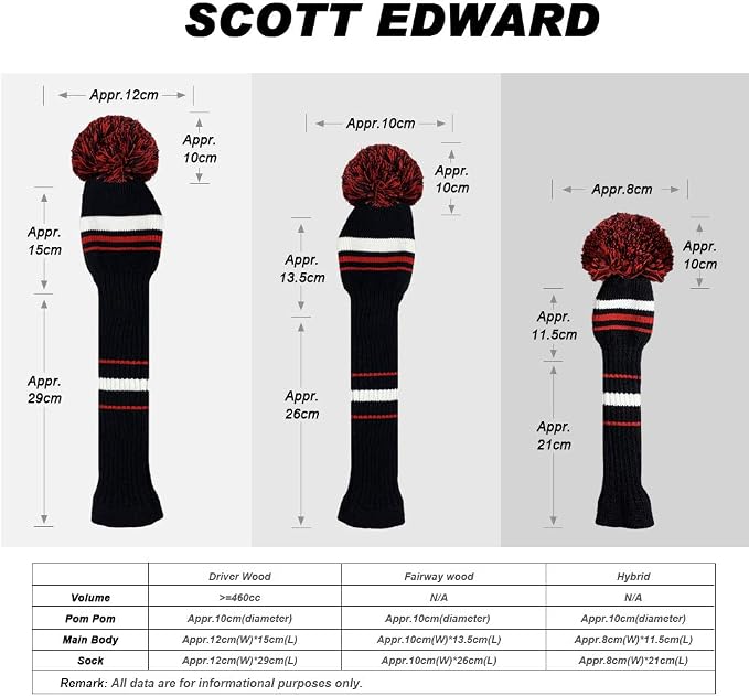 Scott Edward Golf Club Head Covers Set of 4, Acrylic Yarn Double-Layers Knitted, with Rotatable Number Tags