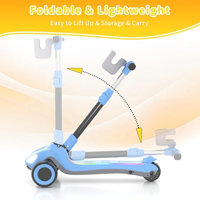 SIMATE Electric Scooter for Kids Ages 3+, 3 Wheel Balance Scooter, 3 Adjustable Heights, Foldable & LED Display & Thumb Throttle, Long Battery Life, Full Body Lights Up, Gift for Kids Boys Girls