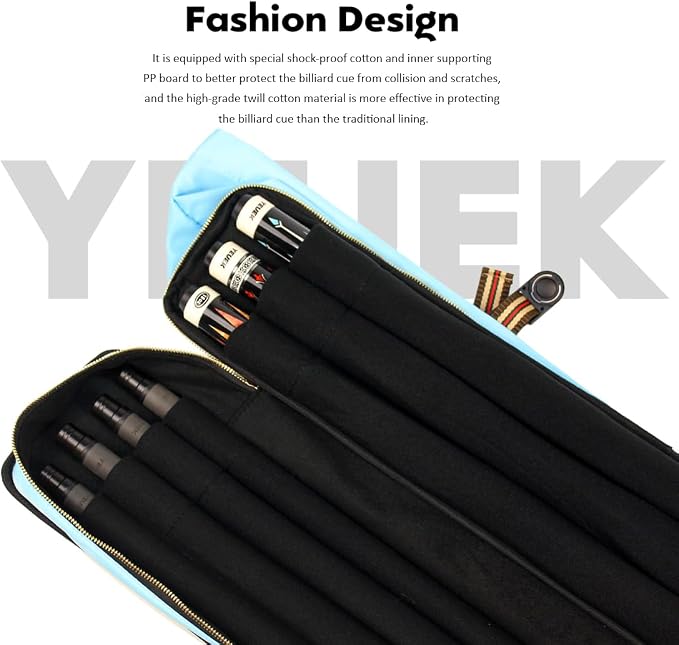 Pool Cue Case 3x4,Pool Stick Case 3 Sticks with Accessory Zipper Pockets,Cue Stick Case with Shoulder Strap Handle,Billiard Pool Cue Carrying Case with Large Front Accessory Pocket