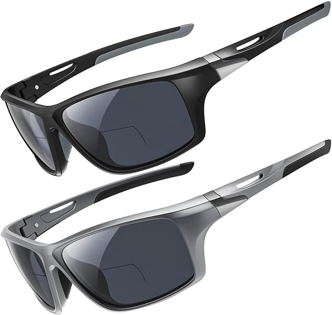 DEHOTRE 2 Pack Bifocal Reading Sunglasses Men Wrap Around Sports Sun Readers Outdoor Clear Top Soft Nose Pads PC Frame UV400