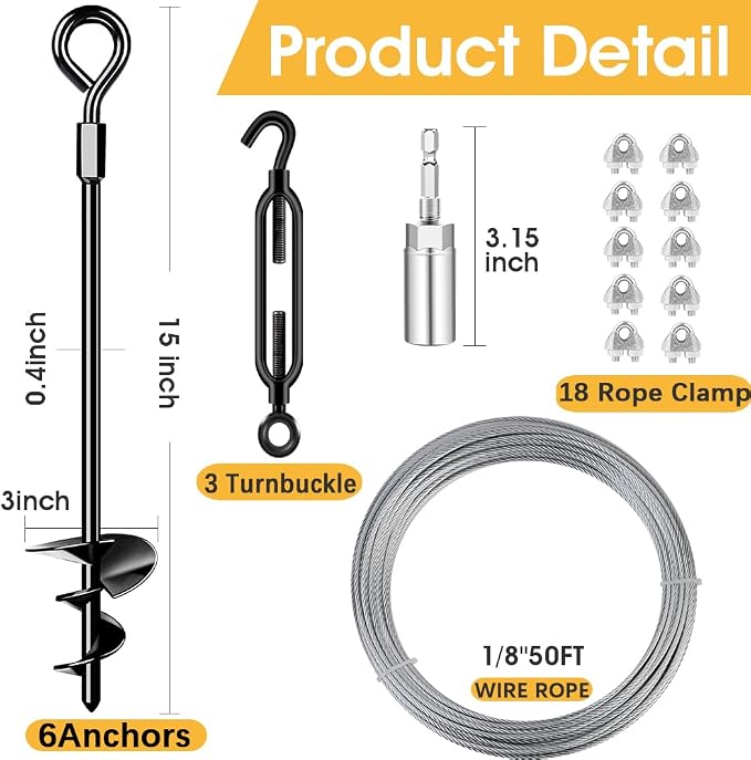 15in 6 Pack Ground Anchors with 1/8" Galvanized Cable Shed Anchor Kit, Trampoline Stakes Anchors High Wind – Ideal for Canopies, Sheds, Car Ports, Swing Sets Gazebo Greenhouse (15 in of 6 Pcs)