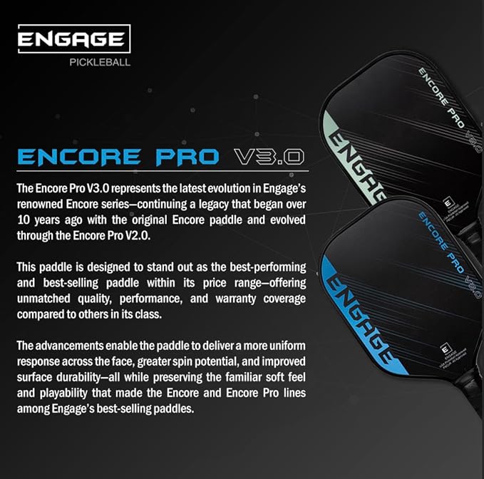 Engage Encore Pro V3.0 Pickleball Paddle | Raw Carbon Fiber & Polymer Core for All-Around Playability