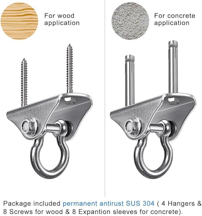 BeneLabel 4Pack Stainless Steel Swing Hanger Ceiling Mount 1000 LB Capacity 180° Swing Swing Hardware for Swing Seat, Yoga, Heavy Bag, Porch Swing, Hanging Chair with 8 Screws and 8 Expansion Bolts