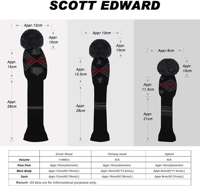 Scott Edward Knit Wood Golf Club Head Covers 4 Pieces Knitted Item Fit Over Well Driver Wood(460cc) Fairway Wood and Hybrid(UT)