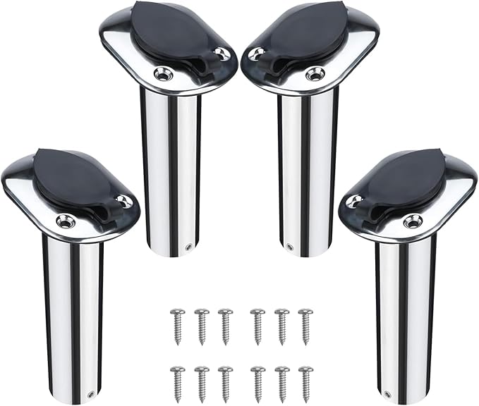 NovelBee 4pcs Boat Fishing Rod Holders,Stainless Steel Fishing Rod Rack Flush Mount withCap,Liner,Gasket (15 Degree Rod Holder)