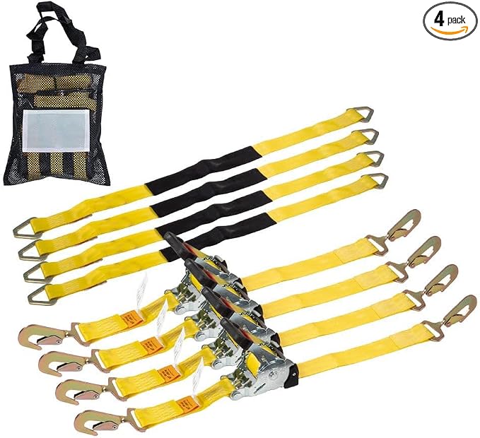 Mytee Products 4Pack 1''x12' Retractable Ratchet Straps Kit w/Snap Hook, Axle Straps w/Delta Ring, Protective Sleeve, Storage Bag - Self Ratcheting Tie Down Strap w/500 lbs WLL for Boat, Jet Ski, ATV