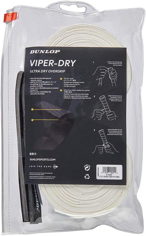 Dunlop Sports Viper-Dry Tennis/Squash/Badminton/Padel OVERGRIP (3-Pack, 12-Pack, 30-Pack Roll) (Black & White Colors) (Ultra Dry and Durable Grip for Ultimate Control)