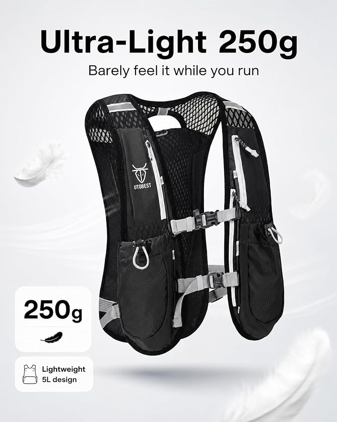 UTOBEST Running Vest, 5L Hydration Vest Lightweight, Breathable and Sweatproof Running Backpack, Adjustable Running Hydration Vest for Trail Running Marathon Race Jogging Cycling