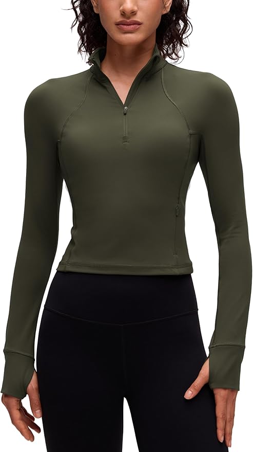 CRZ YOGA Butterluxe Half Zip Long Sleeve Shirts for Women - Workout Athletic Yoga Tops Crop Collared Quarter Zipper T-Shirt