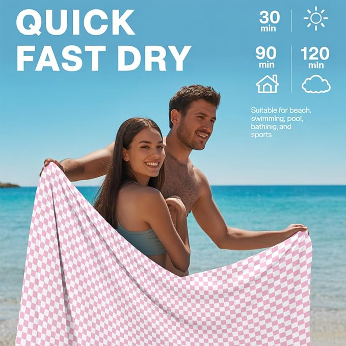 2 Pcs Microfiber Beach Towel Sand Free Sandproof Quick Dry Oversized Lightweight Retro Geometric Pink White Checkered Pattern Travel Pool Yoga Bath Blanket Accessories 71 x 32 Inches