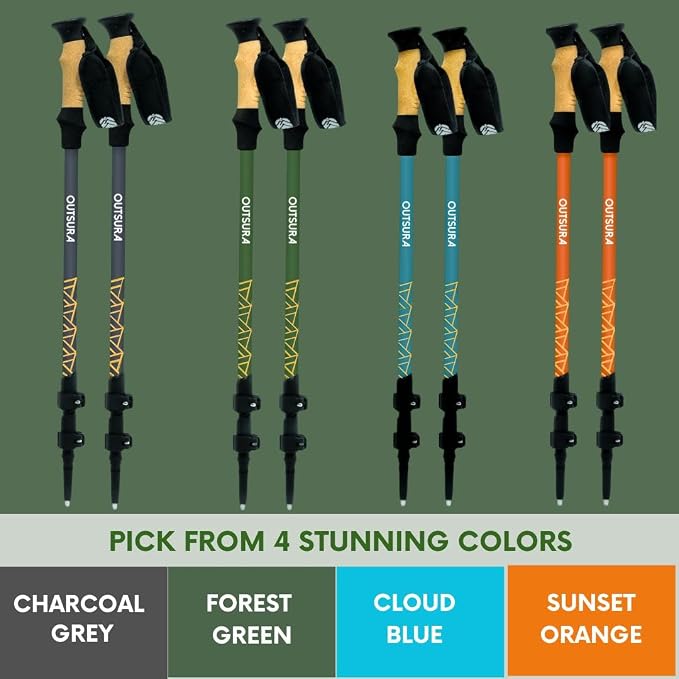 Outsura Trekking Poles for Hiking Collapsible Lightweight Aircraft Graded Aluminum Hiking Poles with Cork Grip & Quick Lock, Pair of 2 Walking Sticks for Seniors Trail & Backpacking