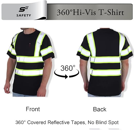 sesafety Men's Black Class 3 Reflective Safety Shirt, High Visibility Work T-Shirt with Chest Pocket, Stain Resistant Hi Vis Tee for Towing, Mechanics