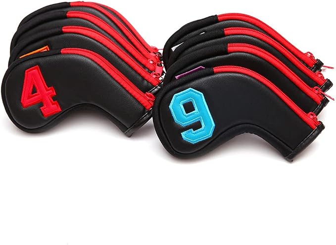 Colorful Number Golf Iron Head Covers Iron Headovers Wedges Covers 4-9 ASPX 10pcs (Black with Zipper)